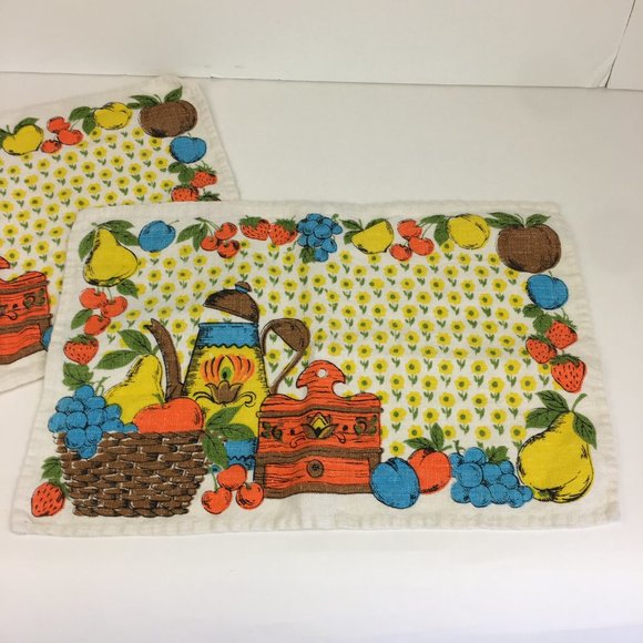 2 Vtg Retro Linen Cloth Fabric Rectangle Placemat Coffee Tea Fruit Flowers Theme - Picture 10 of 11